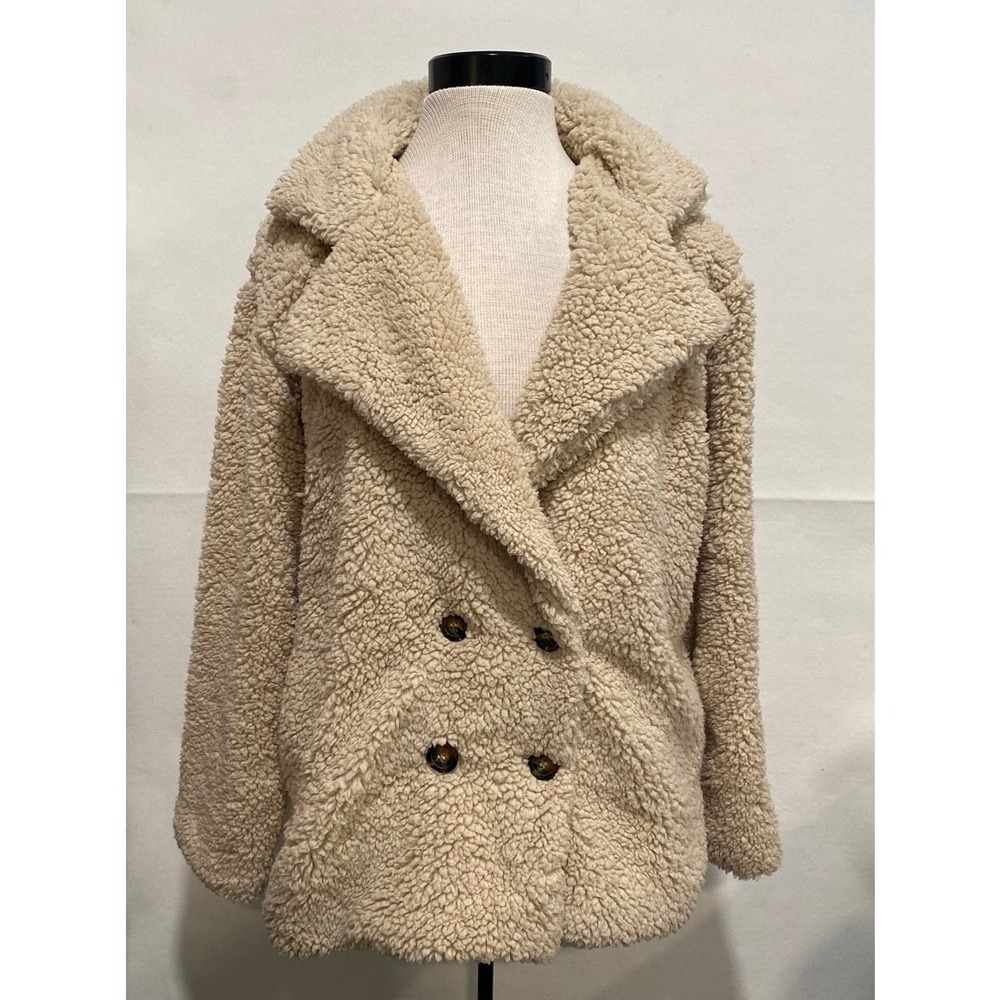 Zeagoo Womens‎ Cream Sherpa Fleece Double Breasted Teddy Pea Coat Jacket Large
